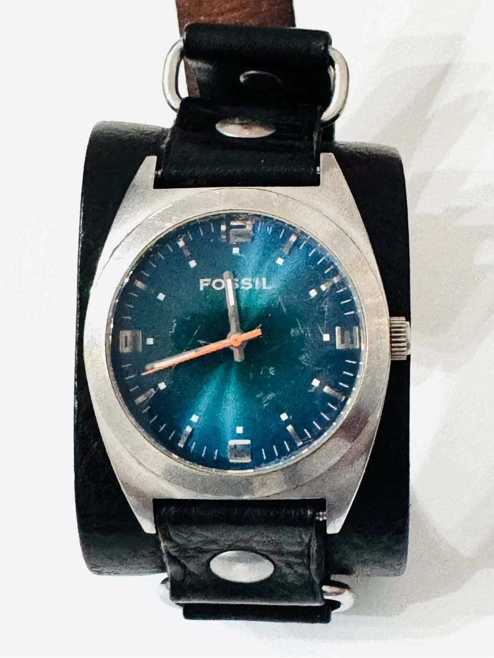 VTG Y2K Fossil Chunky Black Leather Watch Teal Stainless Steel JR-8618